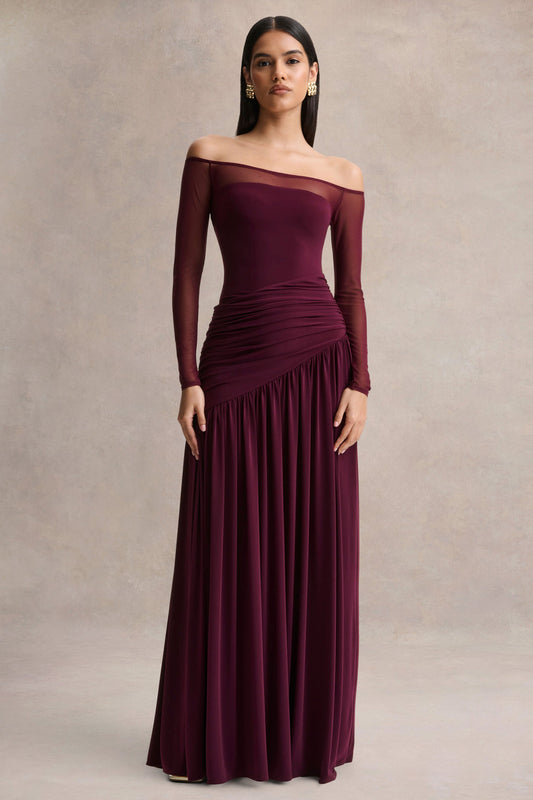 Luminary | Dark Plum Bardot-Neck Maxi Dress With Mesh Sleeves