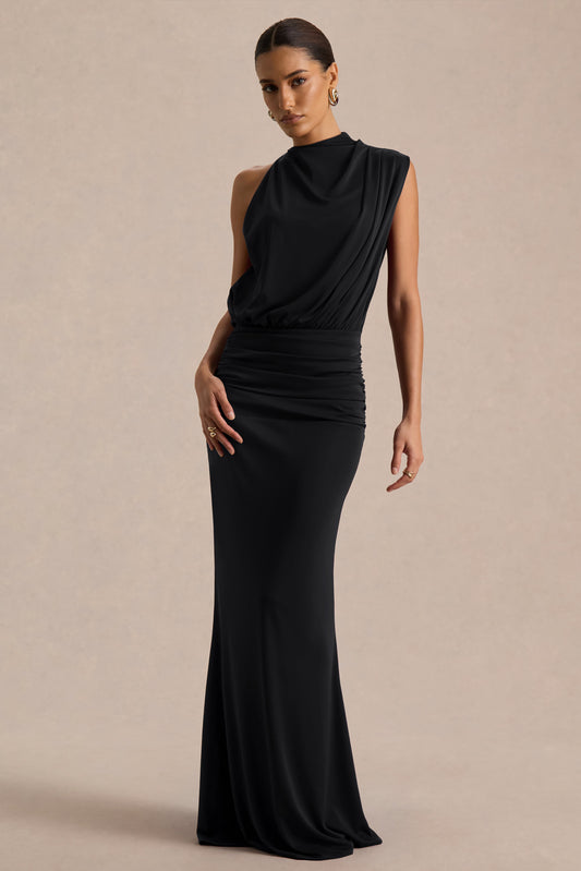 Umaira | Black Ruched High Neck Maxi Dress With Draped Detailing