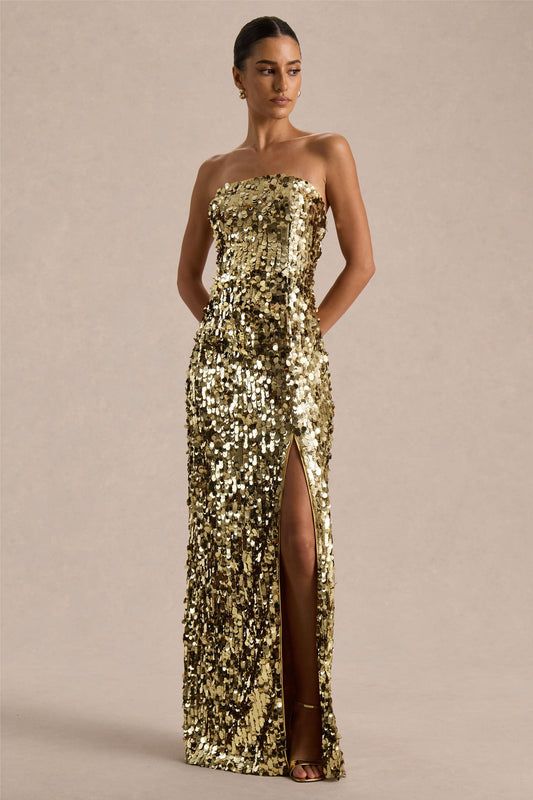 Nerea | Gold Sequin Bandeau Maxi Dress With Front High-Split