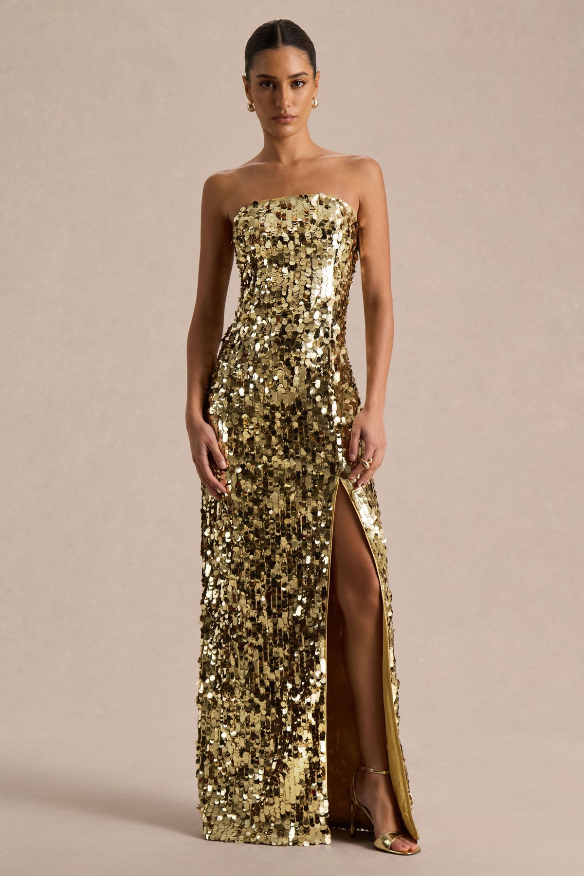 Nerea | Gold Sequin Bandeau Maxi Dress With Front High-Split