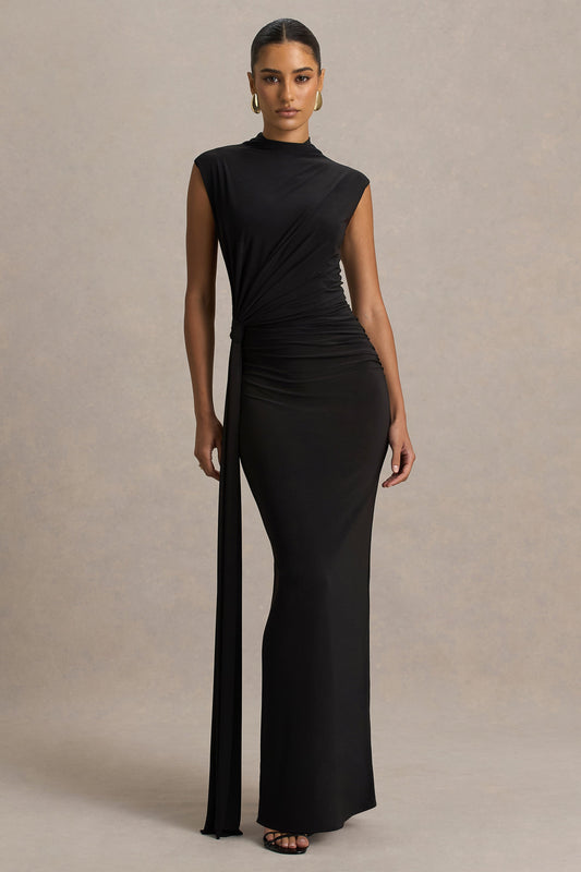 Solene | Black High-Neck Maxi Dress With Wrap And Drape Detail