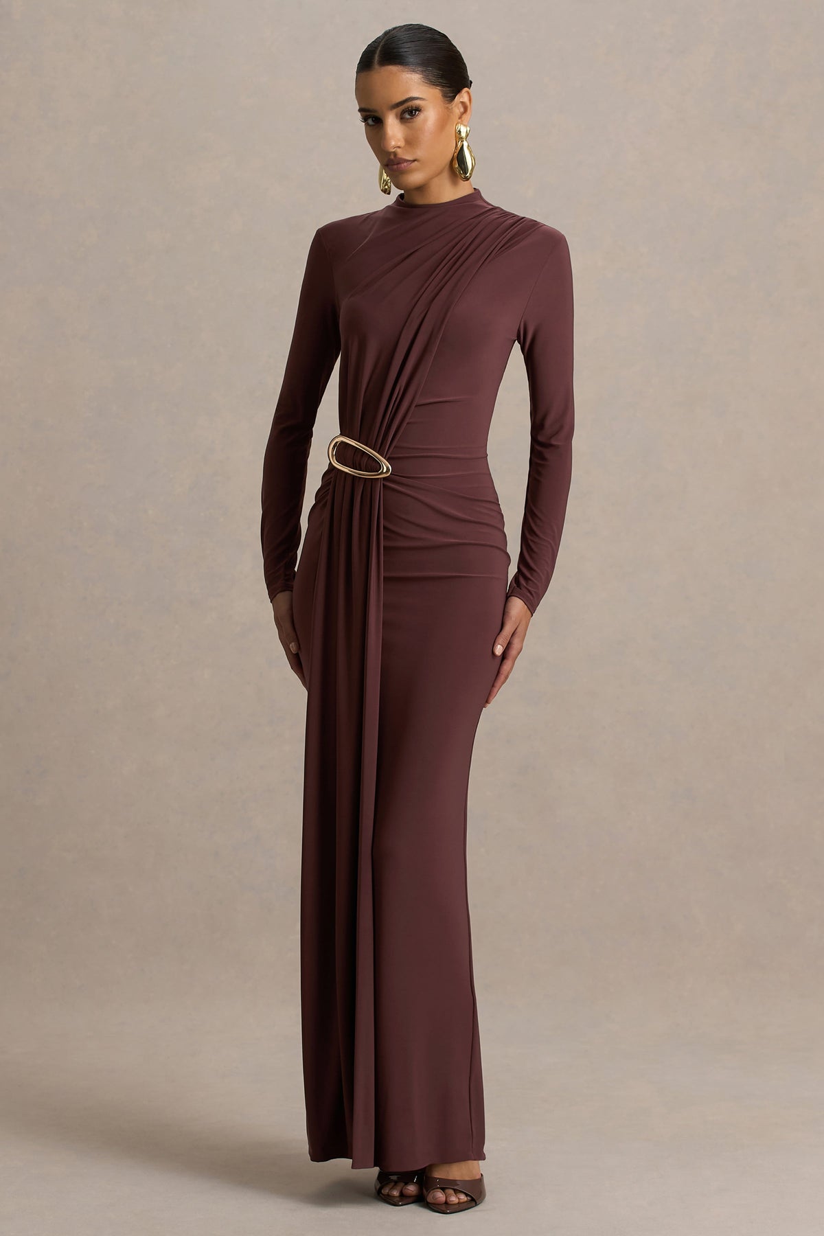 Zadie | Brown High-Neck Maxi Dress With Gathered-Detail