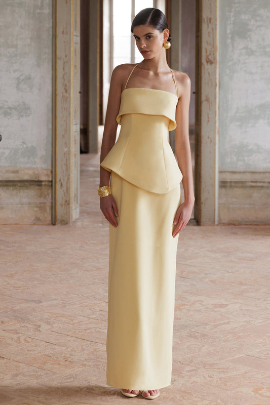 Fran | Lemon Scuba Square Neck Maxi Dress With Corset And Back Split