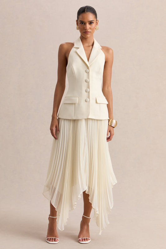 Marvelle | Cream V Neck Maxi Dress With Pleated Skirt