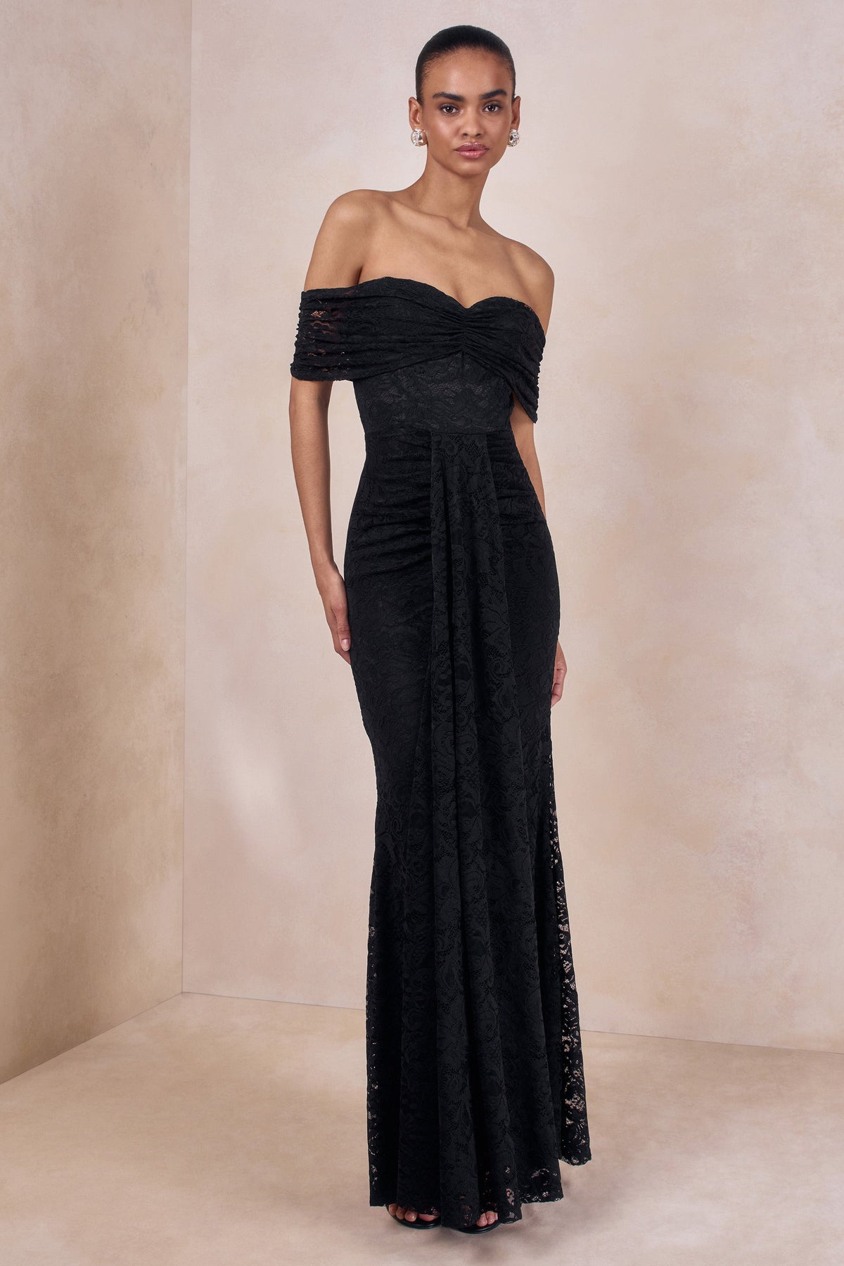 Aries | Black Lace Bardot-Neck Maxi Dress With Gathered Detailing