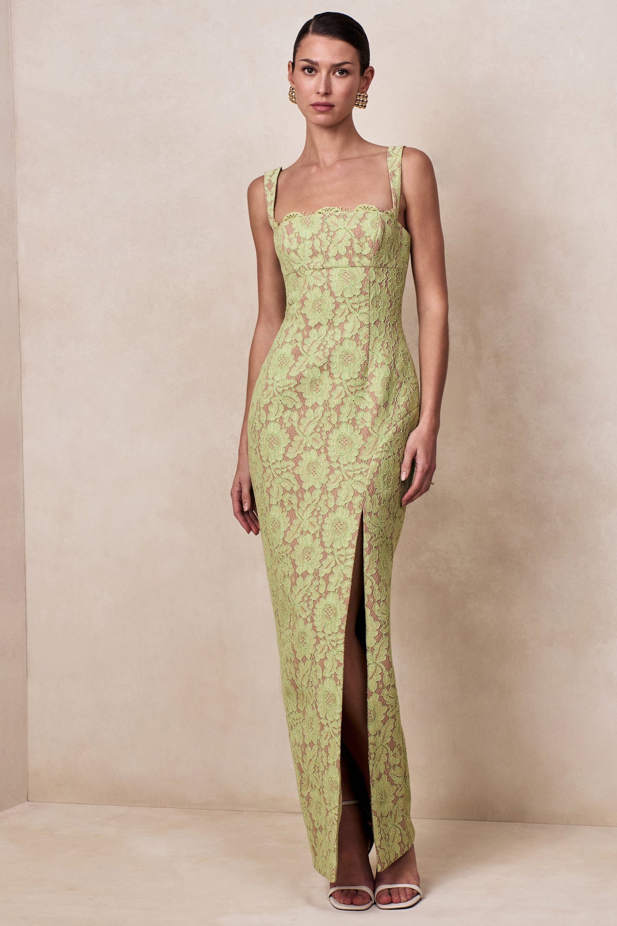 Zarisse | Green Lace Square Neck Maxi Dress With Split