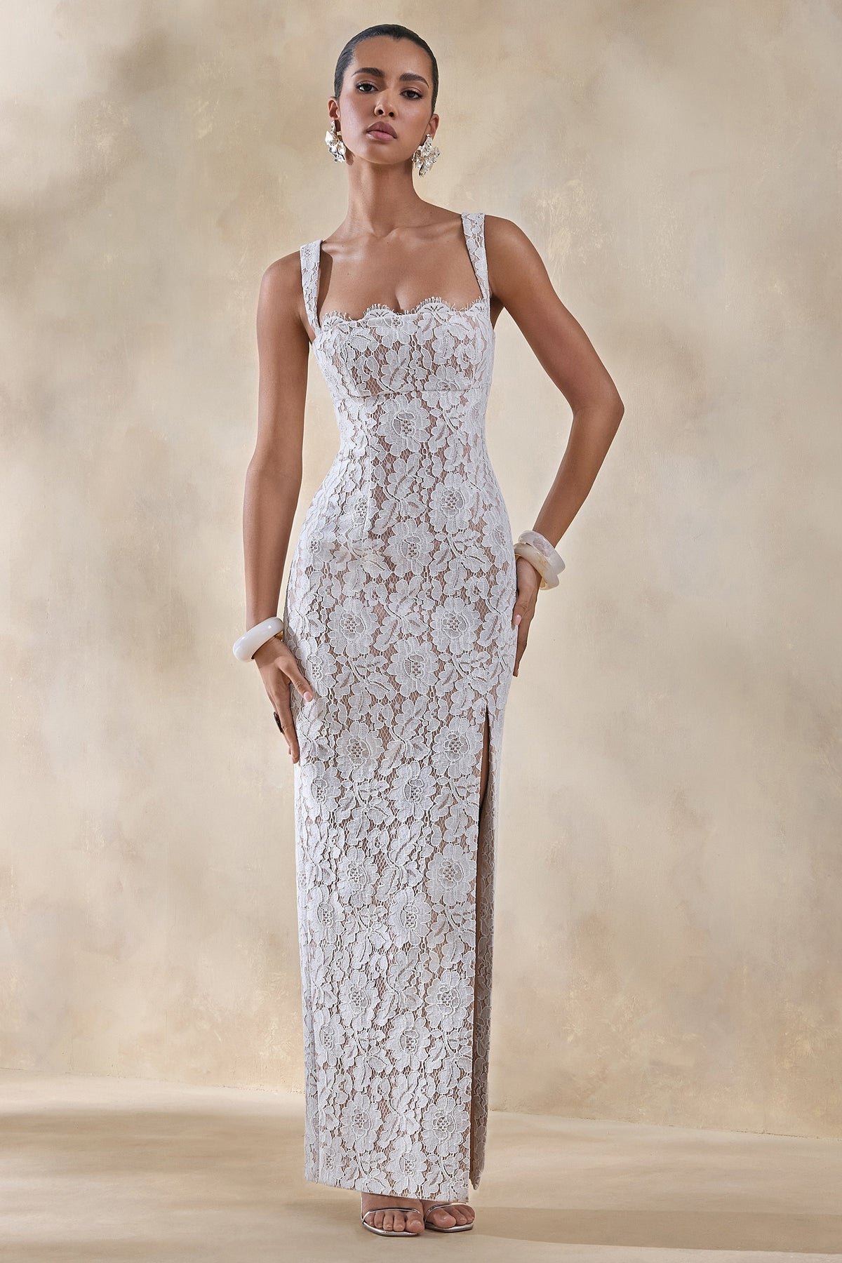 Zarisse | White Lace Square Neck Maxi Dress With Split