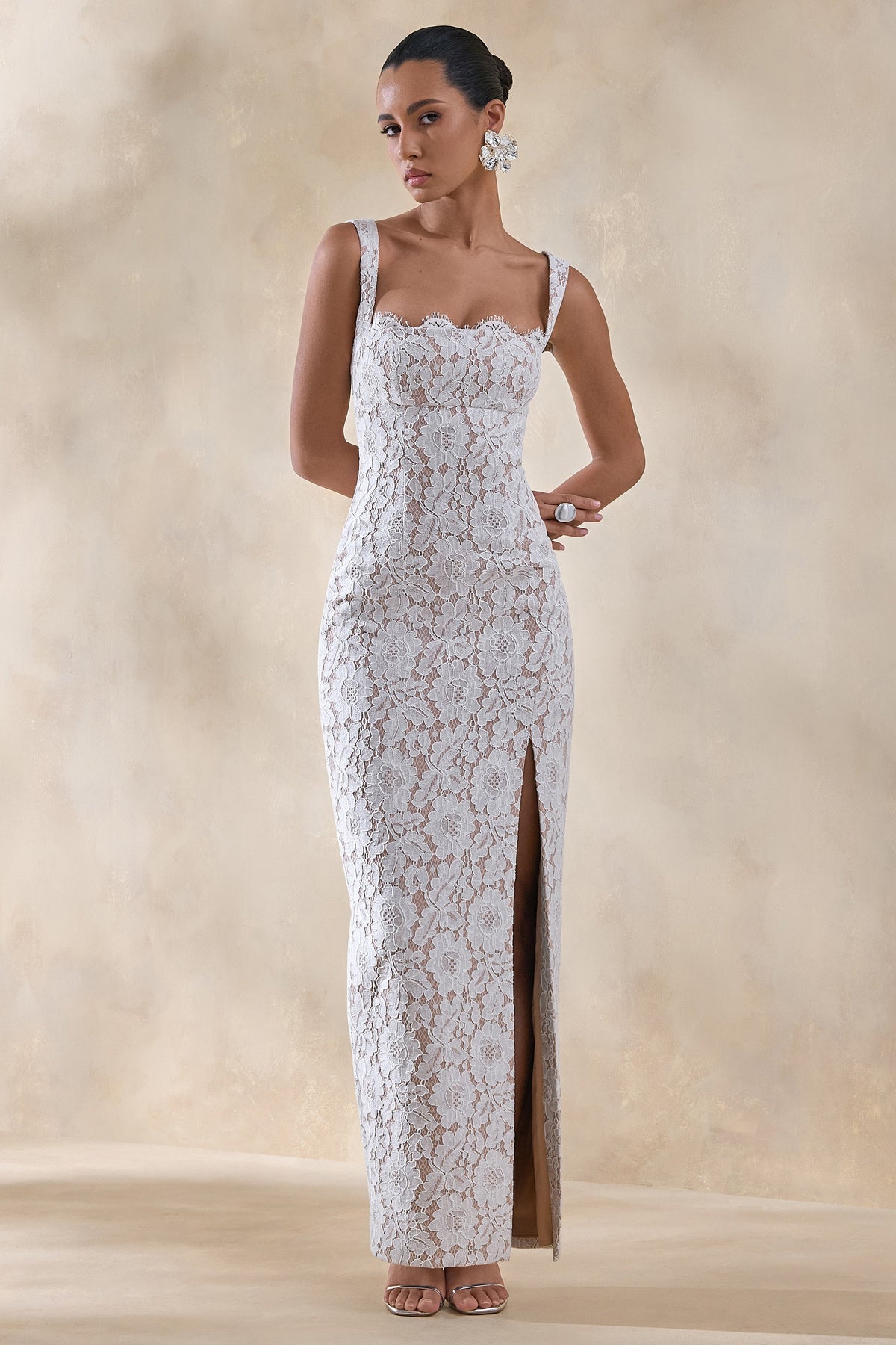 Zarisse | White Lace Square Neck Maxi Dress With Split