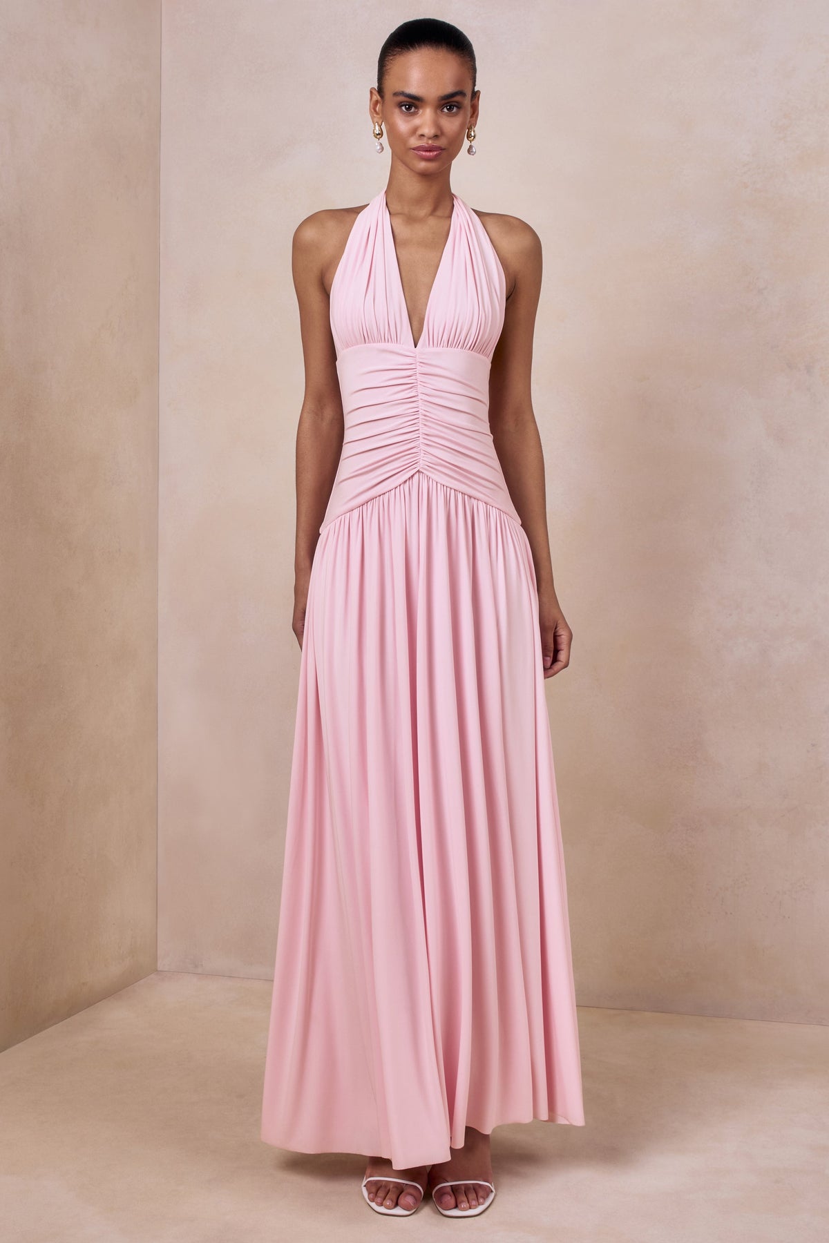 Bettina | Pink Jersey Plunge Maxi Dress With Gathered Detailing And Tie Back