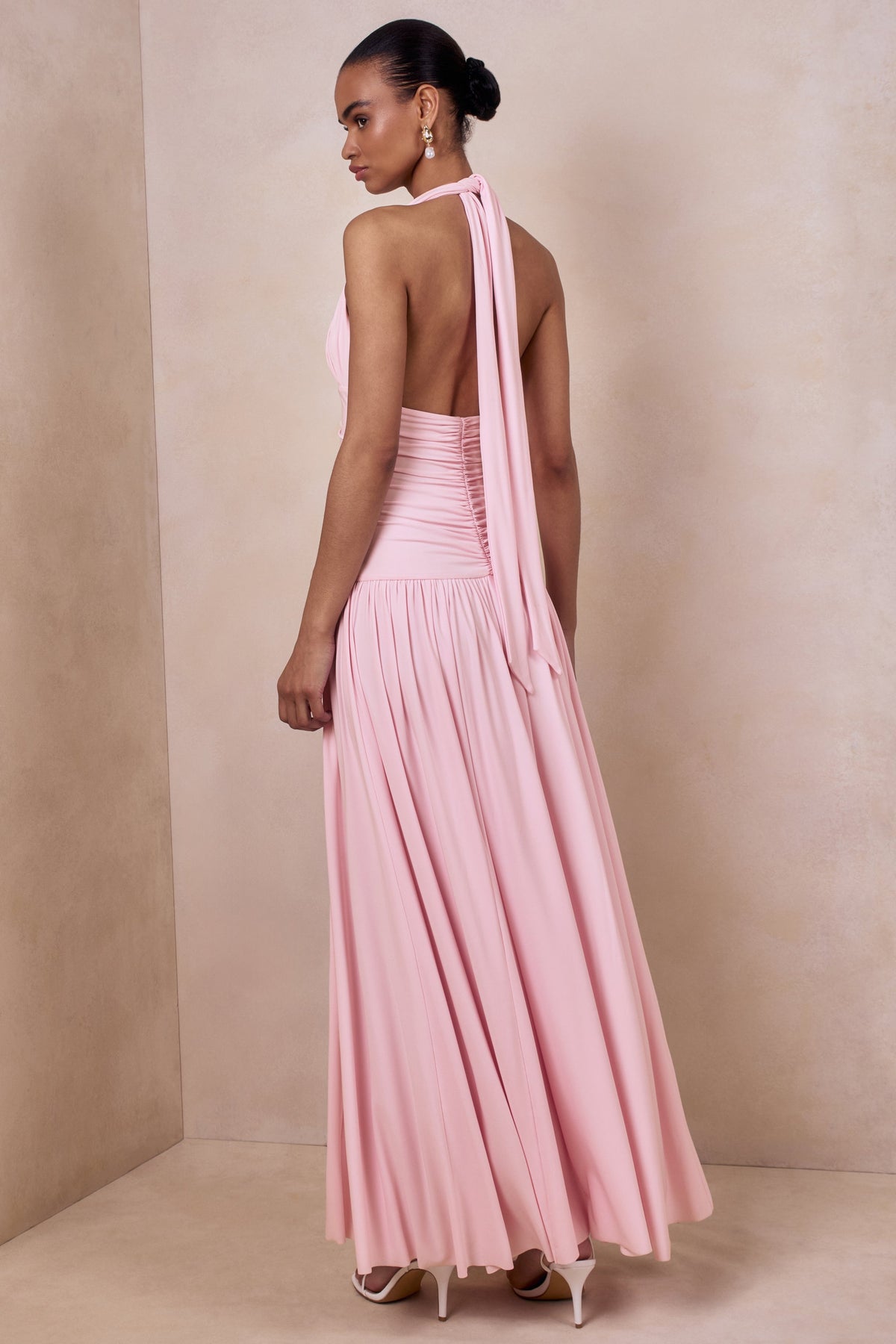 Bettina | Pink Jersey Plunge Maxi Dress With Gathered Detailing And Tie Back