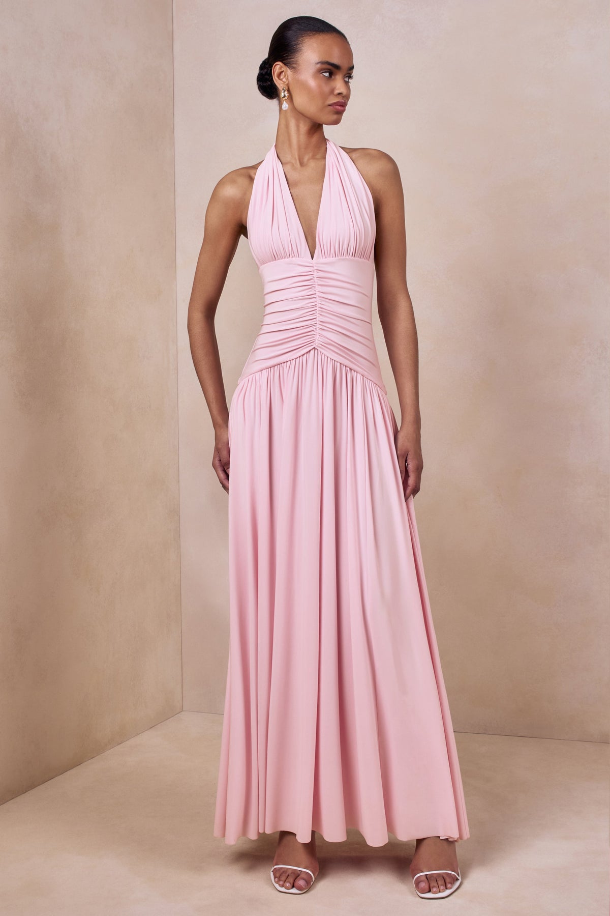 Bettina | Pink Jersey Plunge Maxi Dress With Gathered Detailing And Tie Back