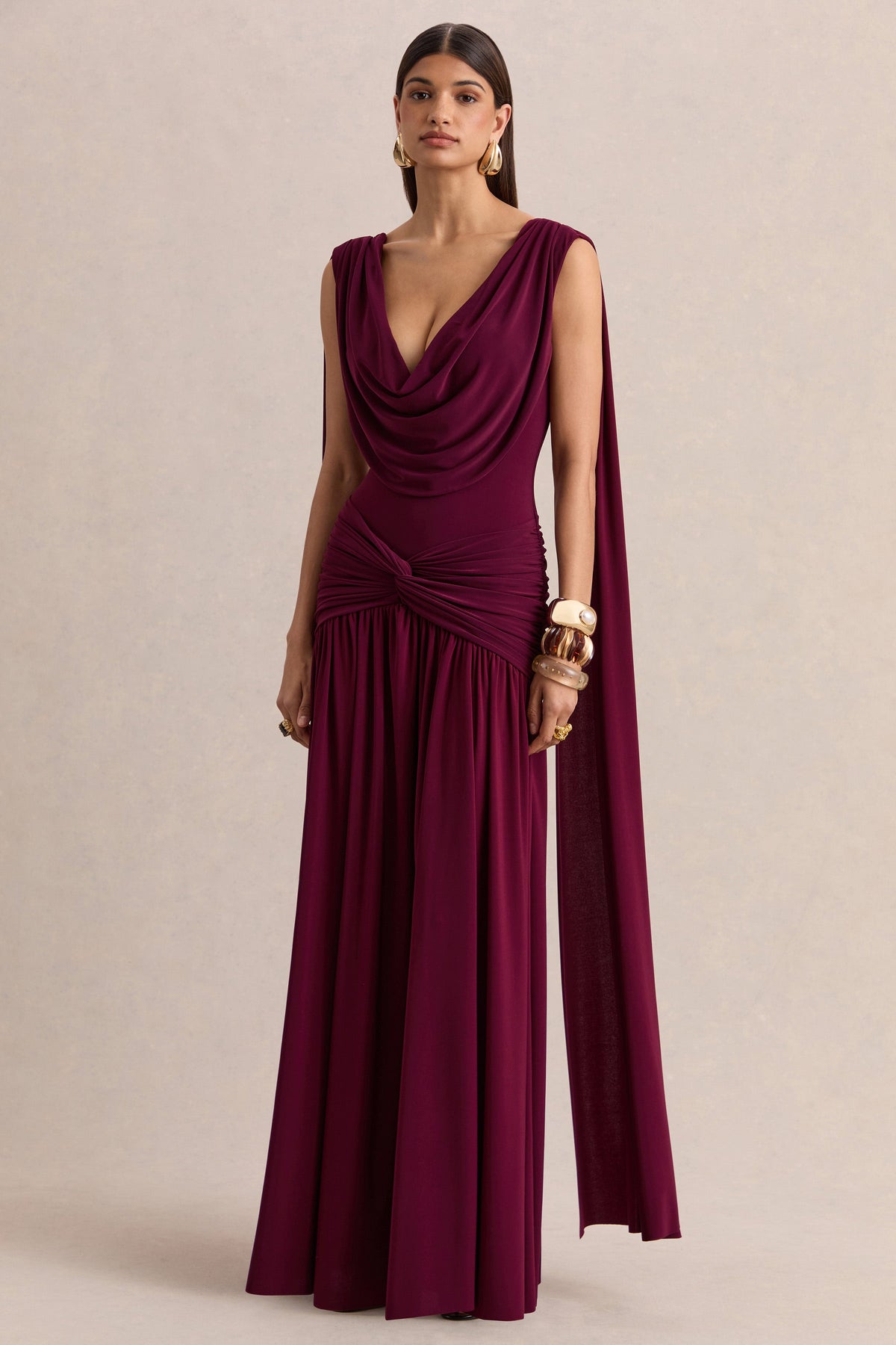 Amelisse | Burgundy Jersey Ruched Cowl Maxi Dress With Twist Panel And Shoulder Sash Detailing