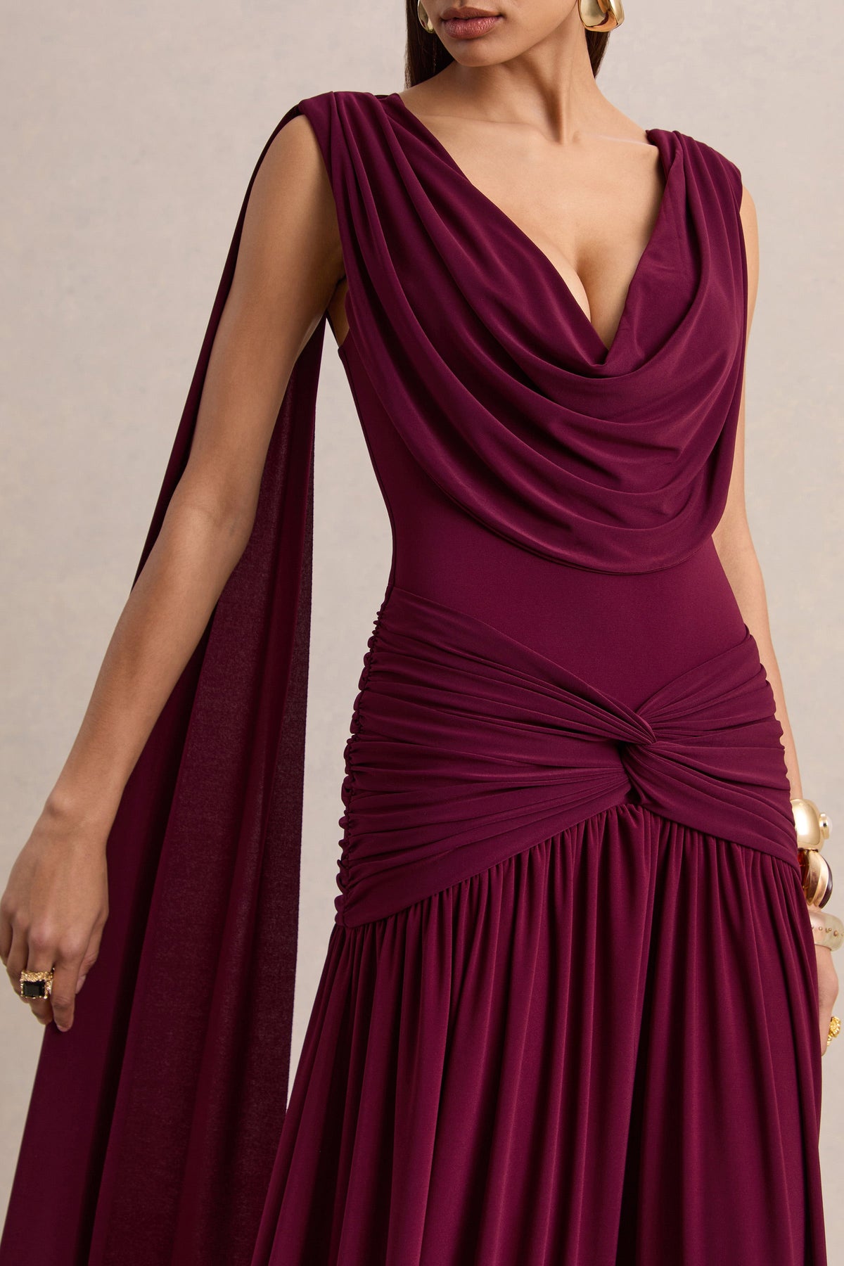 Amelisse | Burgundy Jersey Ruched Cowl Maxi Dress With Twist Panel And Shoulder Sash Detailing