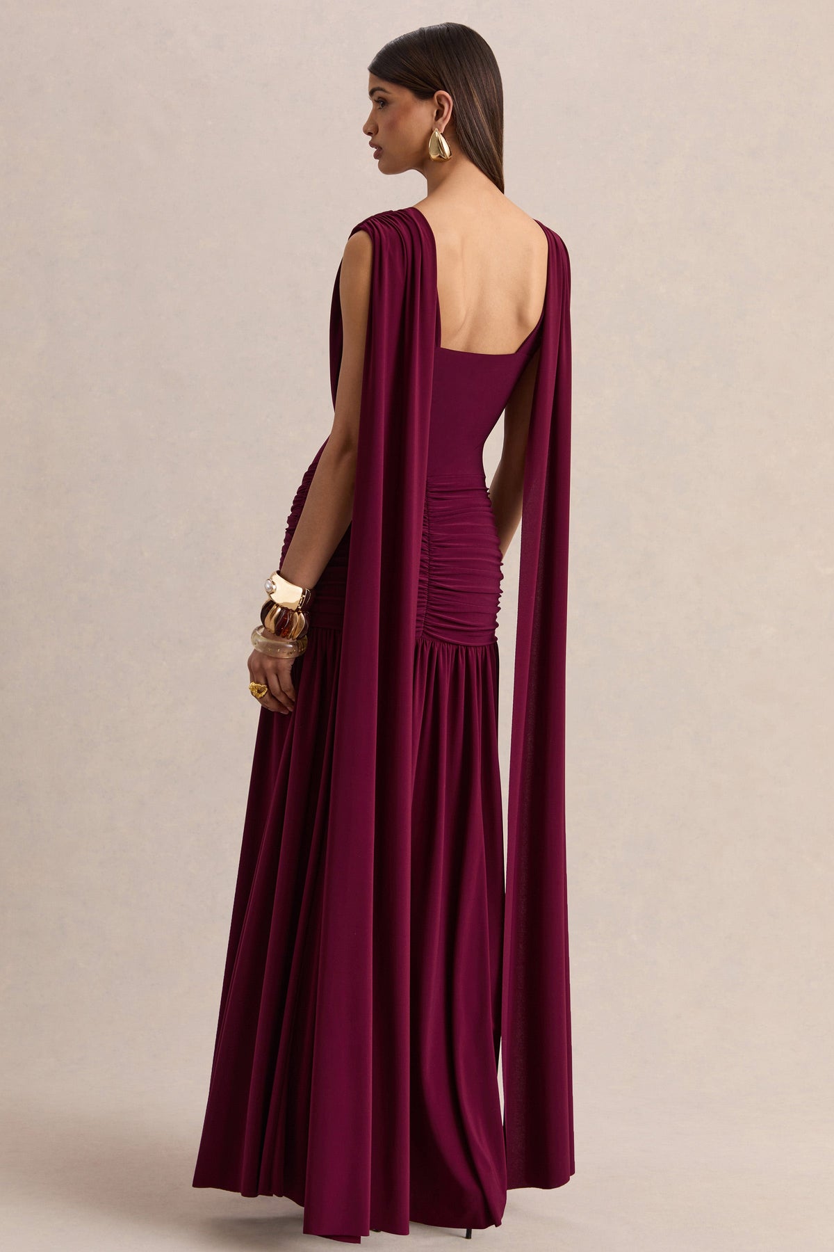 Amelisse | Burgundy Jersey Ruched Cowl Maxi Dress With Twist Panel And Shoulder Sash Detailing