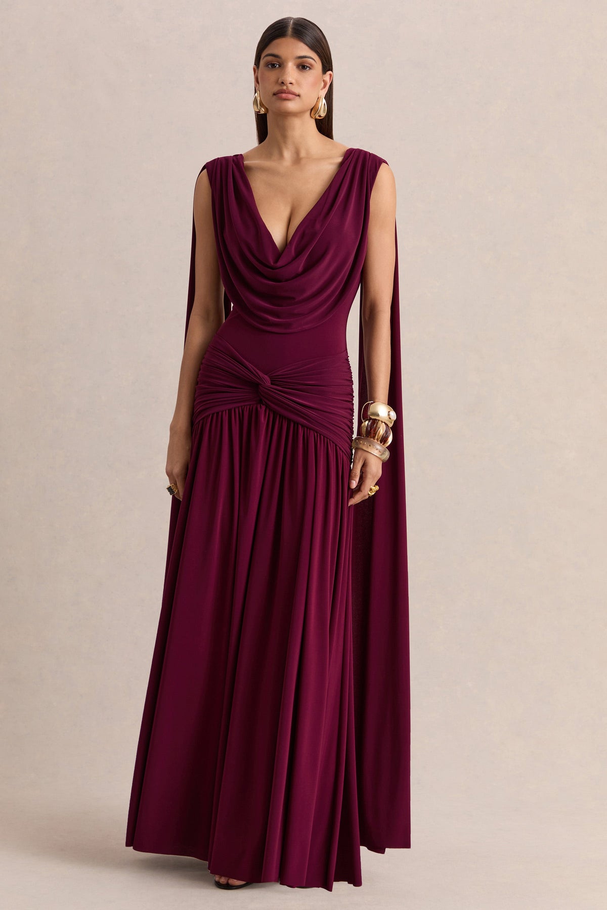 Amelisse | Burgundy Jersey Ruched Cowl Maxi Dress With Twist Panel And Shoulder Sash Detailing