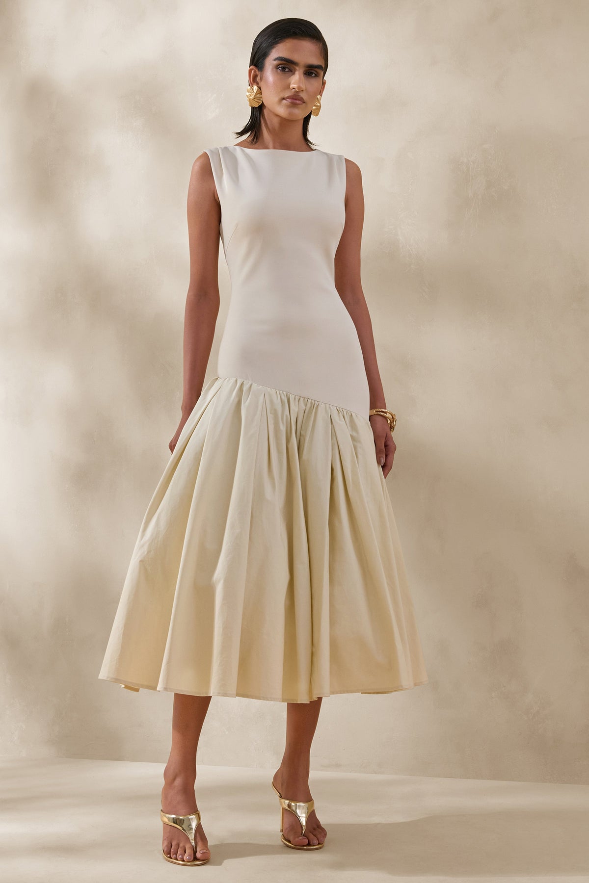 Fantasia | Cream Boat-Neck Midi Dress With Asymmetric Drop-Waist