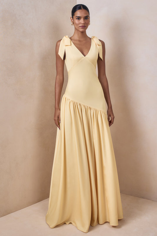 Cala | Lemon Matte Satin Plunge-Neck Maxi Dress With Bow-Sleeves