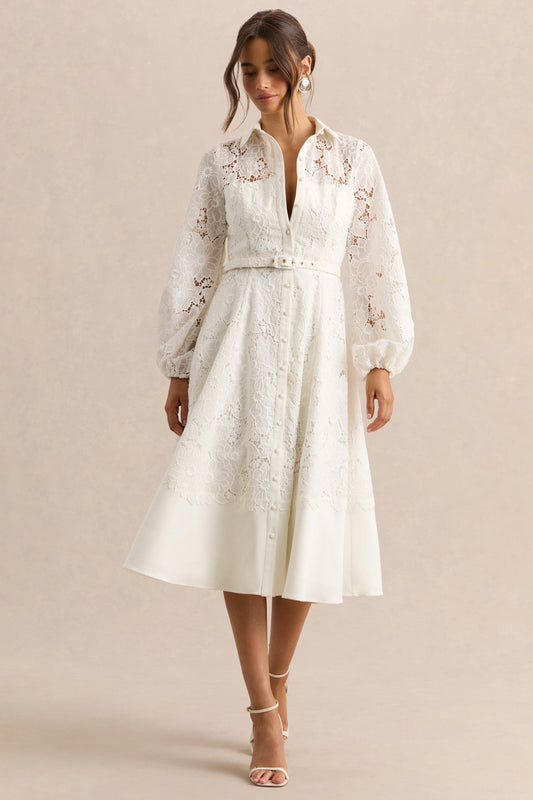 Jules | Cream Broderie V Neck Long Sleeve A-Line Midi Dress With Belt Detail