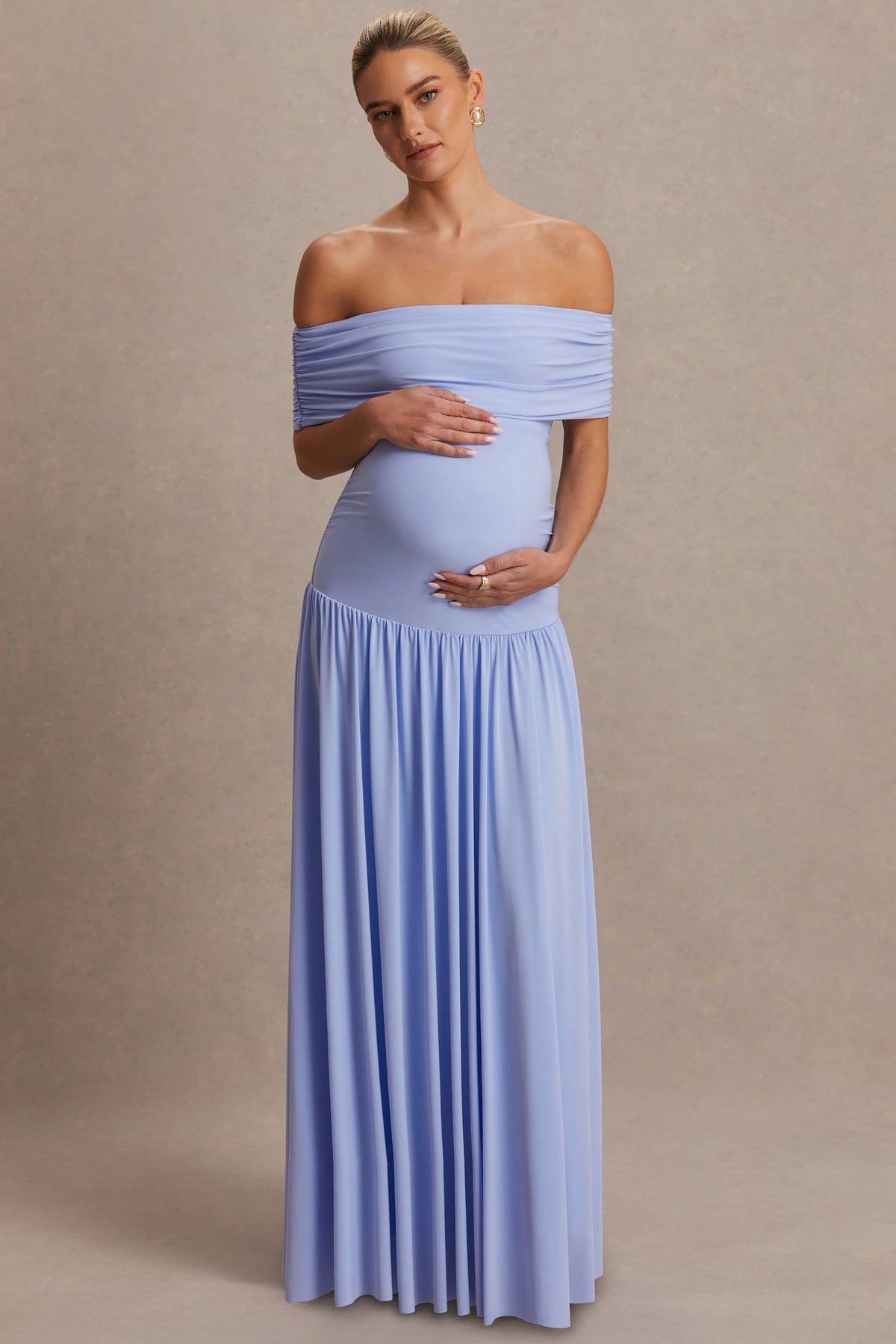 Juliette | Powder Blue Jersey Ruched Bardot Maternity Maxi Dress With Drop Waist