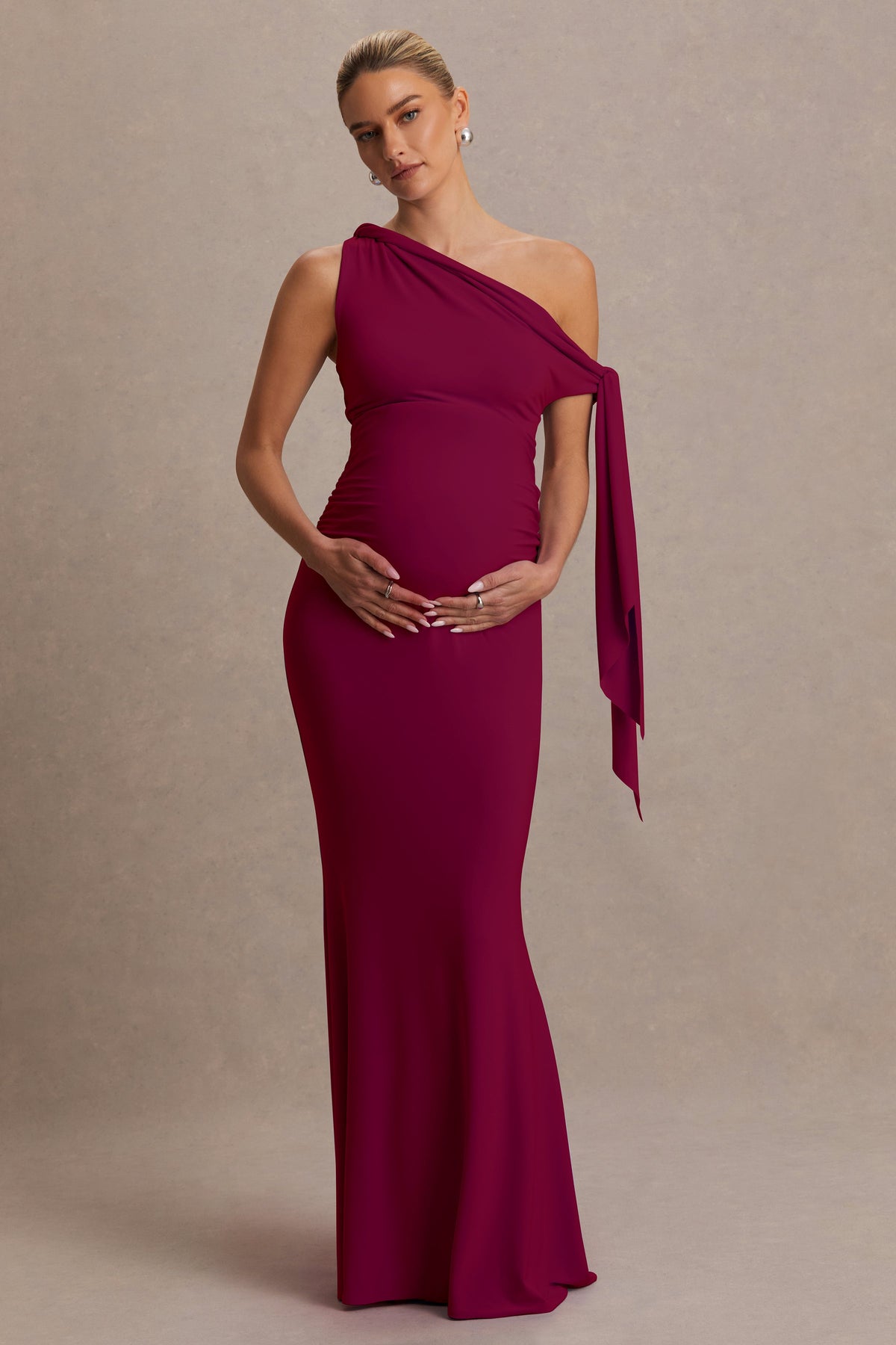Orielle | Burgundy Asymmetric-Neck Maternity Maxi Dress With Knot-Sleeve And Sash