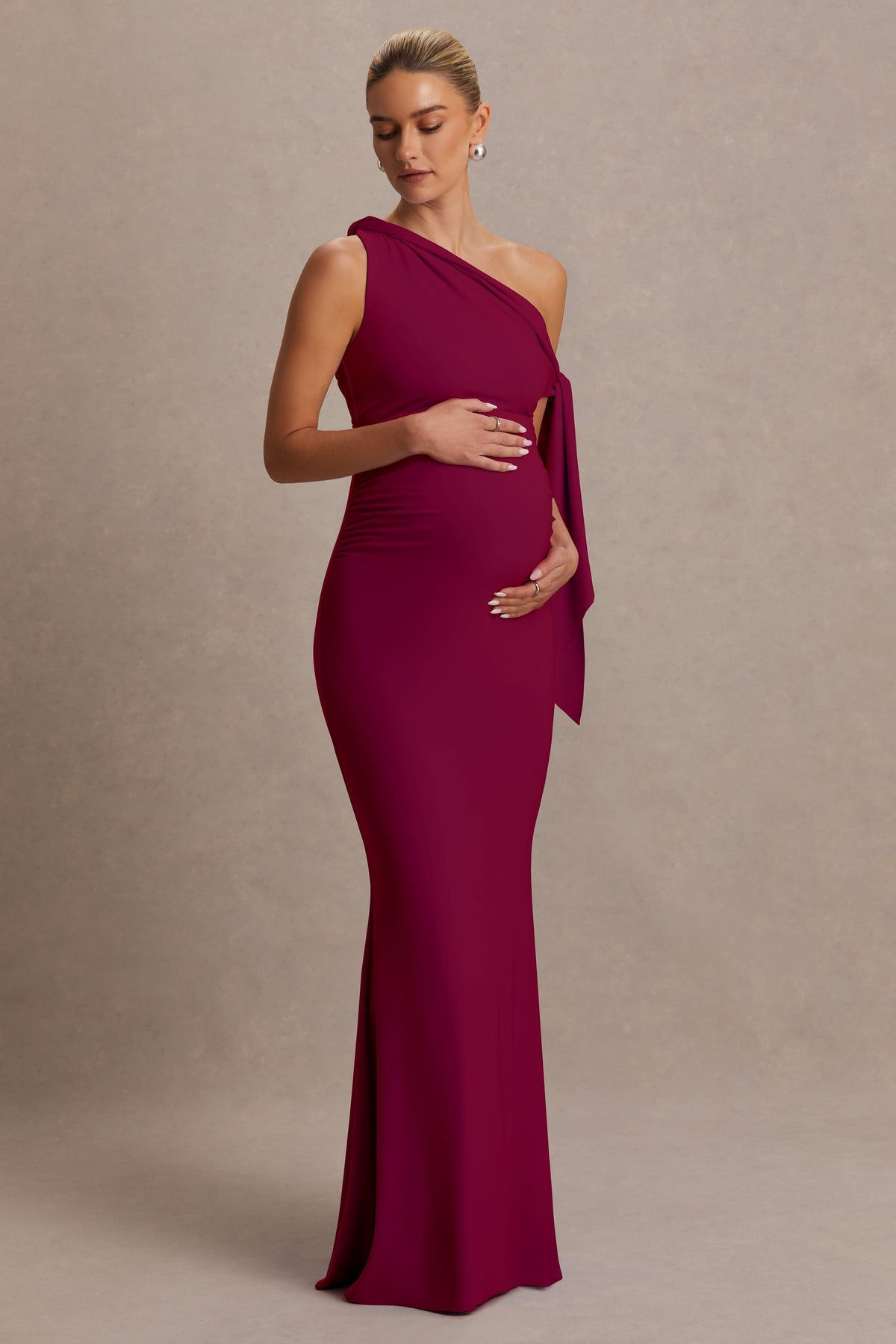 Orielle | Burgundy Asymmetric-Neck Maternity Maxi Dress With Knot-Sleeve And Sash