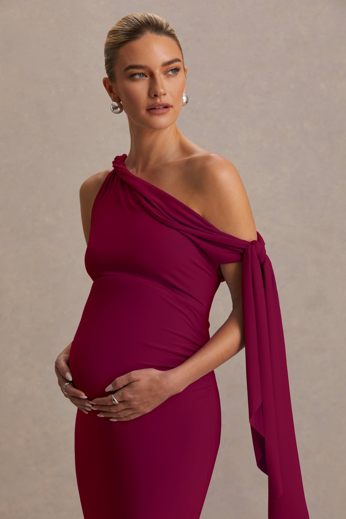 Orielle | Burgundy Asymmetric-Neck Maternity Maxi Dress With Knot-Sleeve And Sash