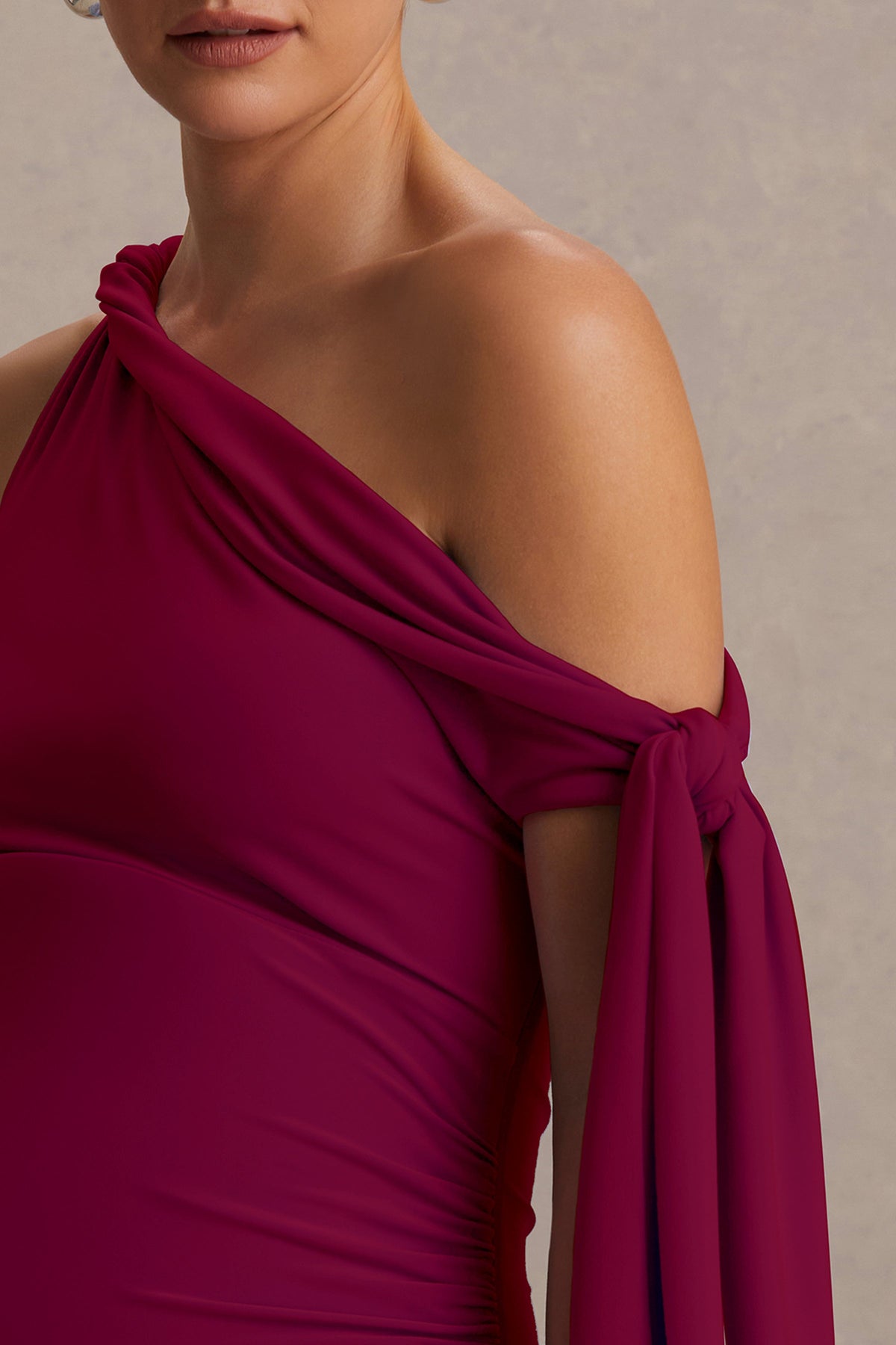 Orielle | Burgundy Asymmetric-Neck Maternity Maxi Dress With Knot-Sleeve And Sash