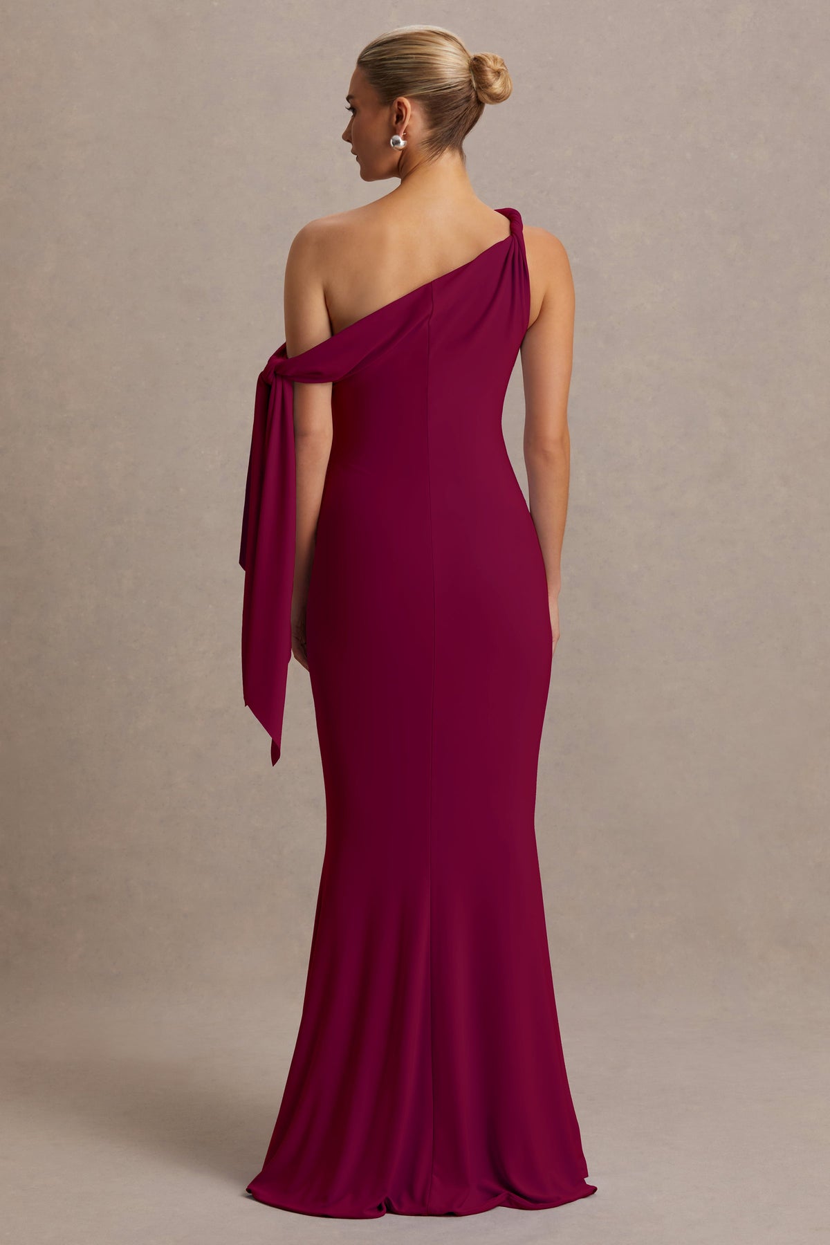 Orielle | Burgundy Asymmetric-Neck Maternity Maxi Dress With Knot-Sleeve And Sash