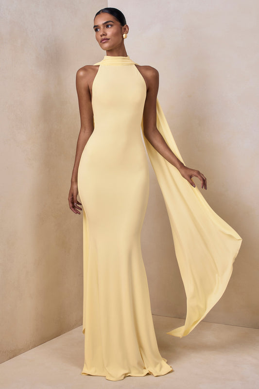 Cordy | Lemon Jersey High Neck Maxi Dress With Scarf Detail