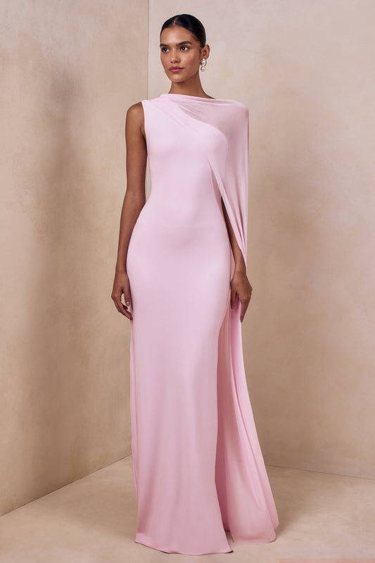 Mirelle | Light Pink Jersey Boat Neck Maxi Dress With Mesh Cape And Back Split