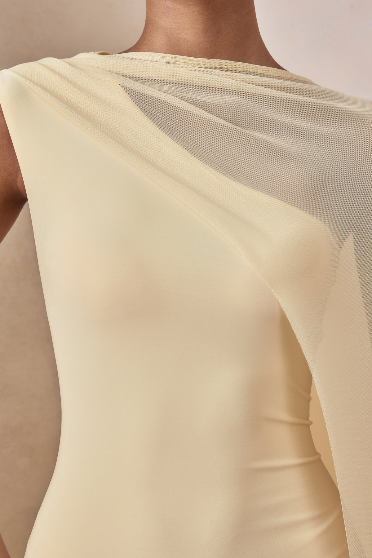 Mirelle | Lemon Jersey Boat Neck Maxi Dress With Mesh Cape And Back Split