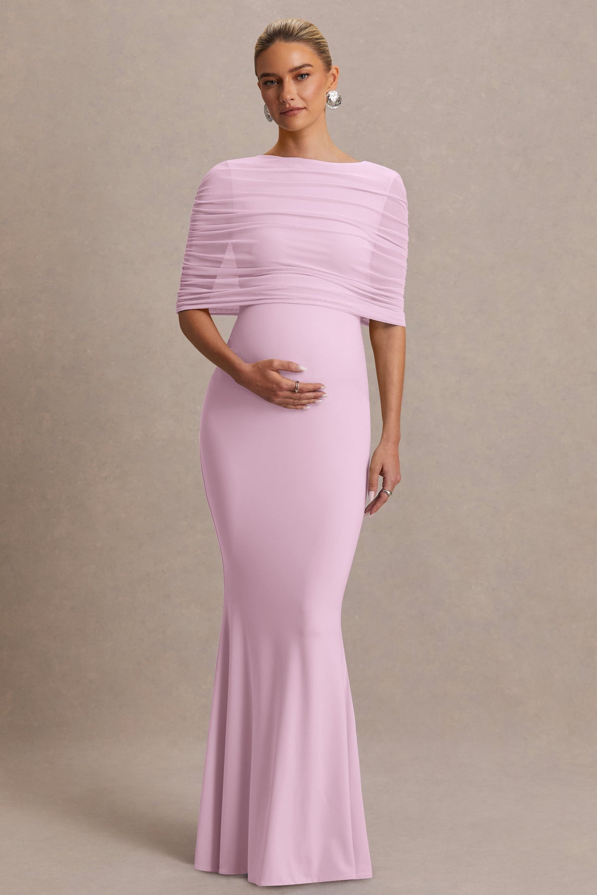 Zaria | Light Pink Crew-Neck Maternity Maxi Dress With Cape-Overlay