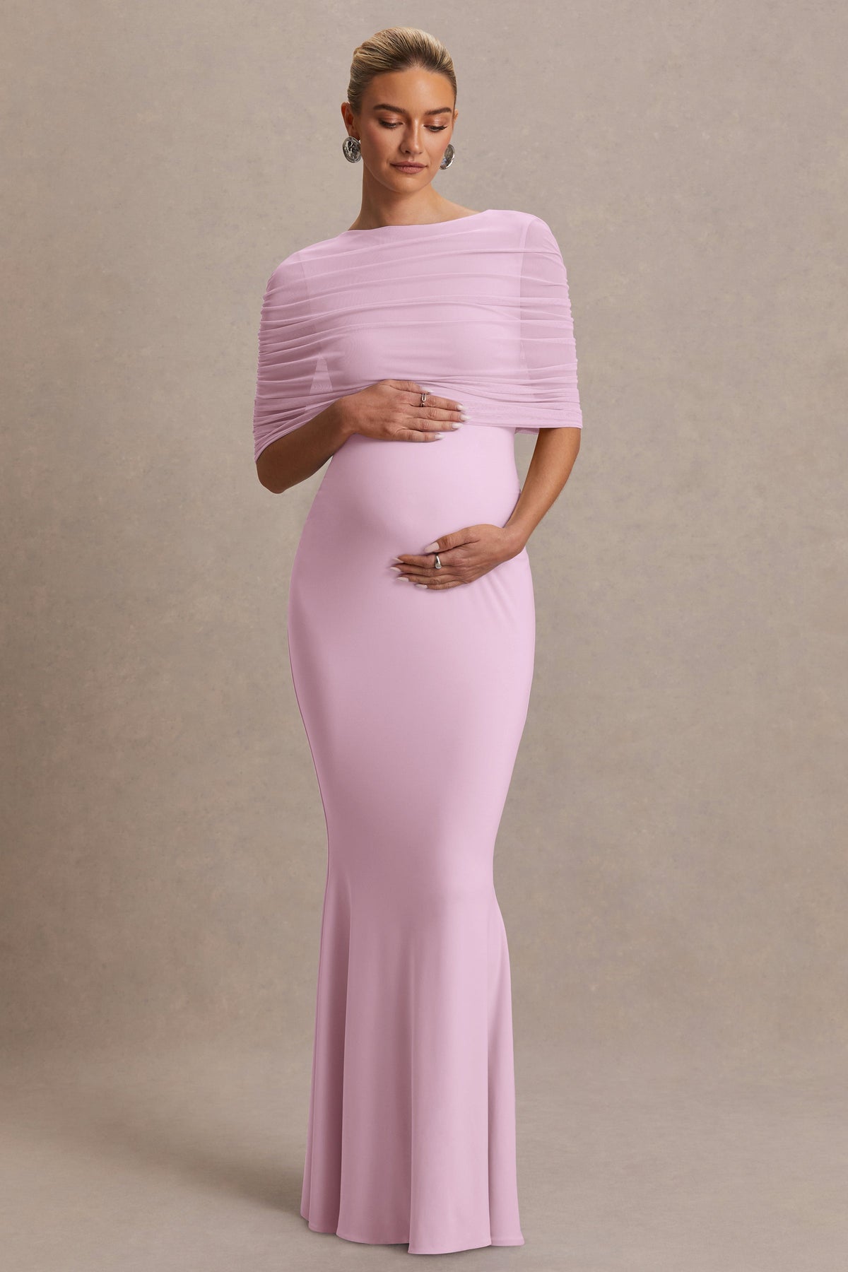Zaria | Light Pink Crew-Neck Maternity Maxi Dress With Cape-Overlay