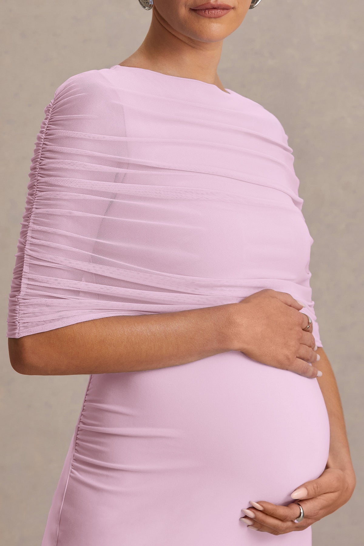 Zaria | Light Pink Crew-Neck Maternity Maxi Dress With Cape-Overlay