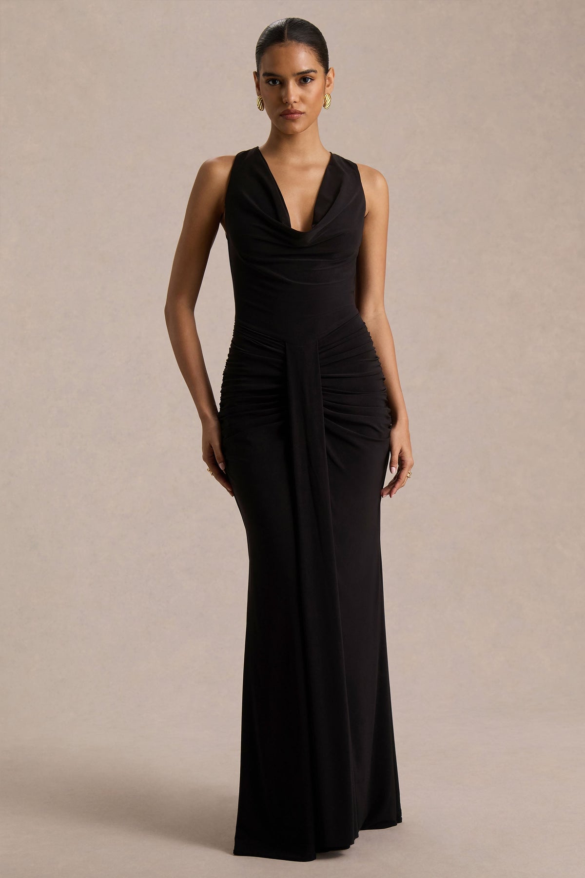 Mallie | Black Cowl-Neck Maxi Dress With Gathered-Detailing