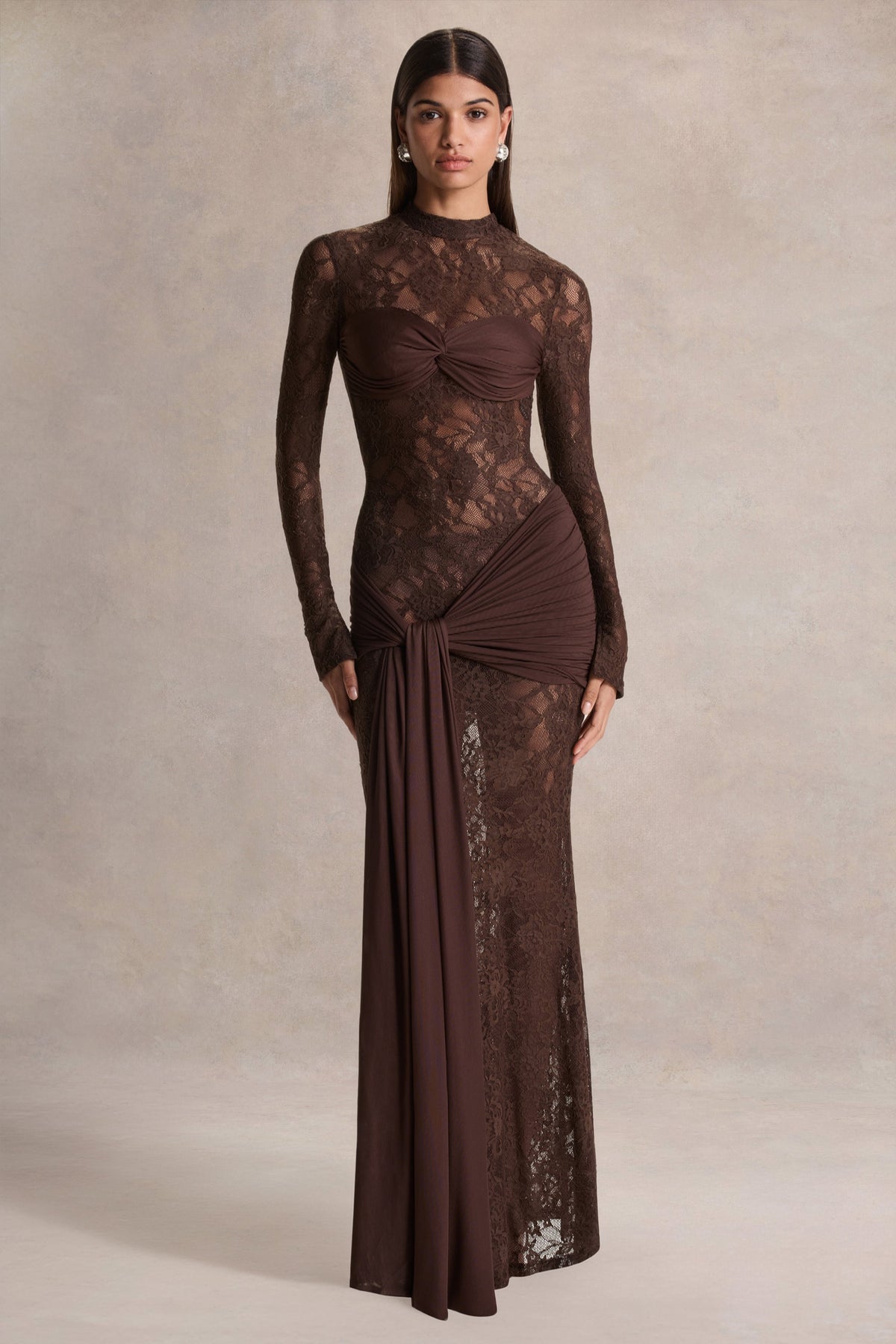 Akira | Brown Sheer Lace High Neck Long Sleeve Maxi Dress With Gathered Detailing And Sash