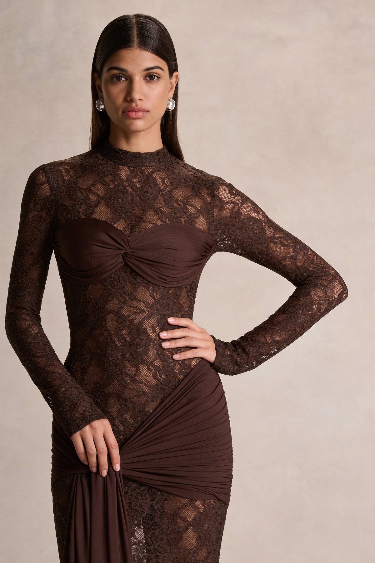 Akira | Brown Sheer Lace High Neck Long Sleeve Maxi Dress With Gathered Detailing And Sash