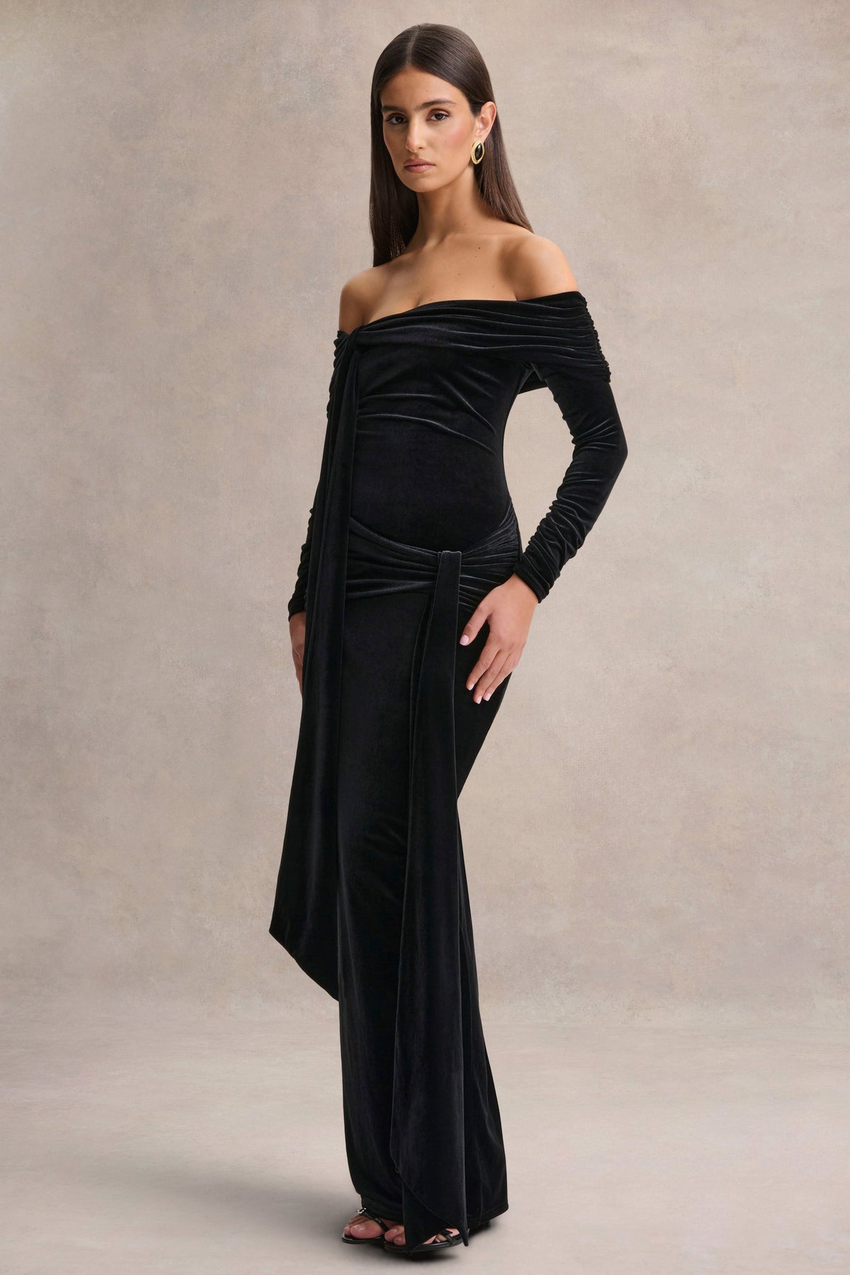 Jessara | Black Bardot-Neck Maxi Dress With Knot-Details