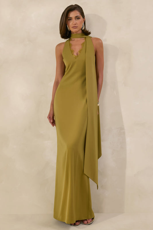 True Icon | Olive Satin High-Neck Maxi Slip Dress With Sash