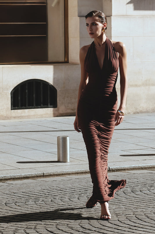 Belle | Brown Halter-Neck Maxi Dress