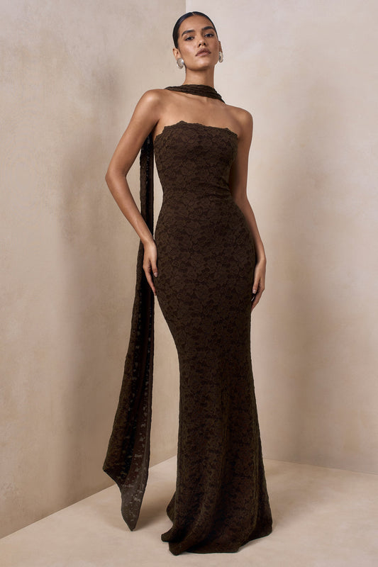 Massima | Brown Lace Bandeau Maxi Dress With Scarf Detail And Back Split