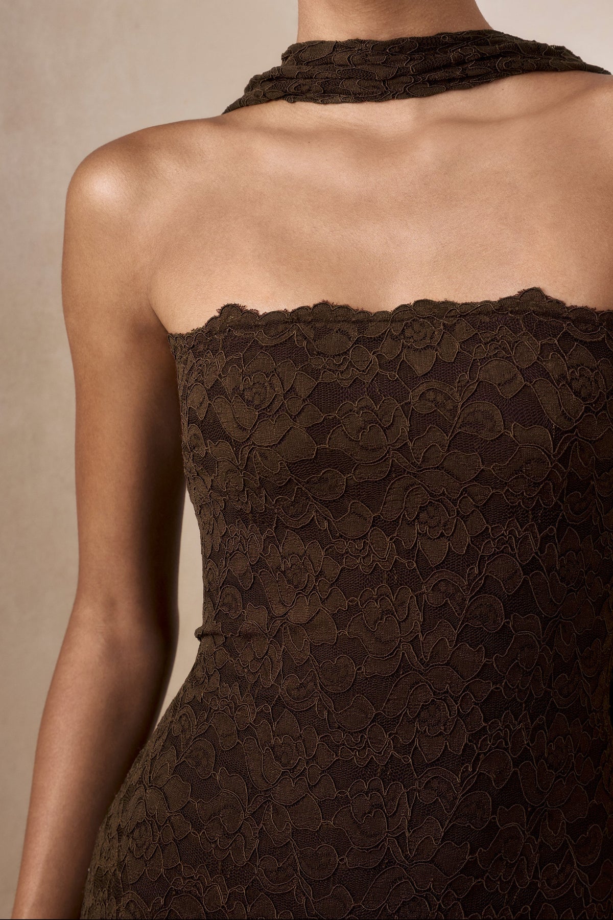 Massima | Brown Lace Bandeau Maxi Dress With Scarf Detail And Back Split