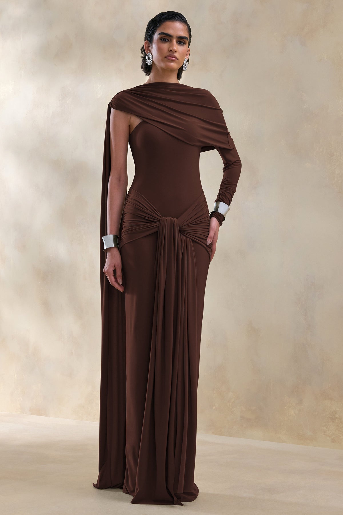 Trisara | Dark Brown Jersey One Sleeve Maxi Dress With Gathered Detailing and Sash