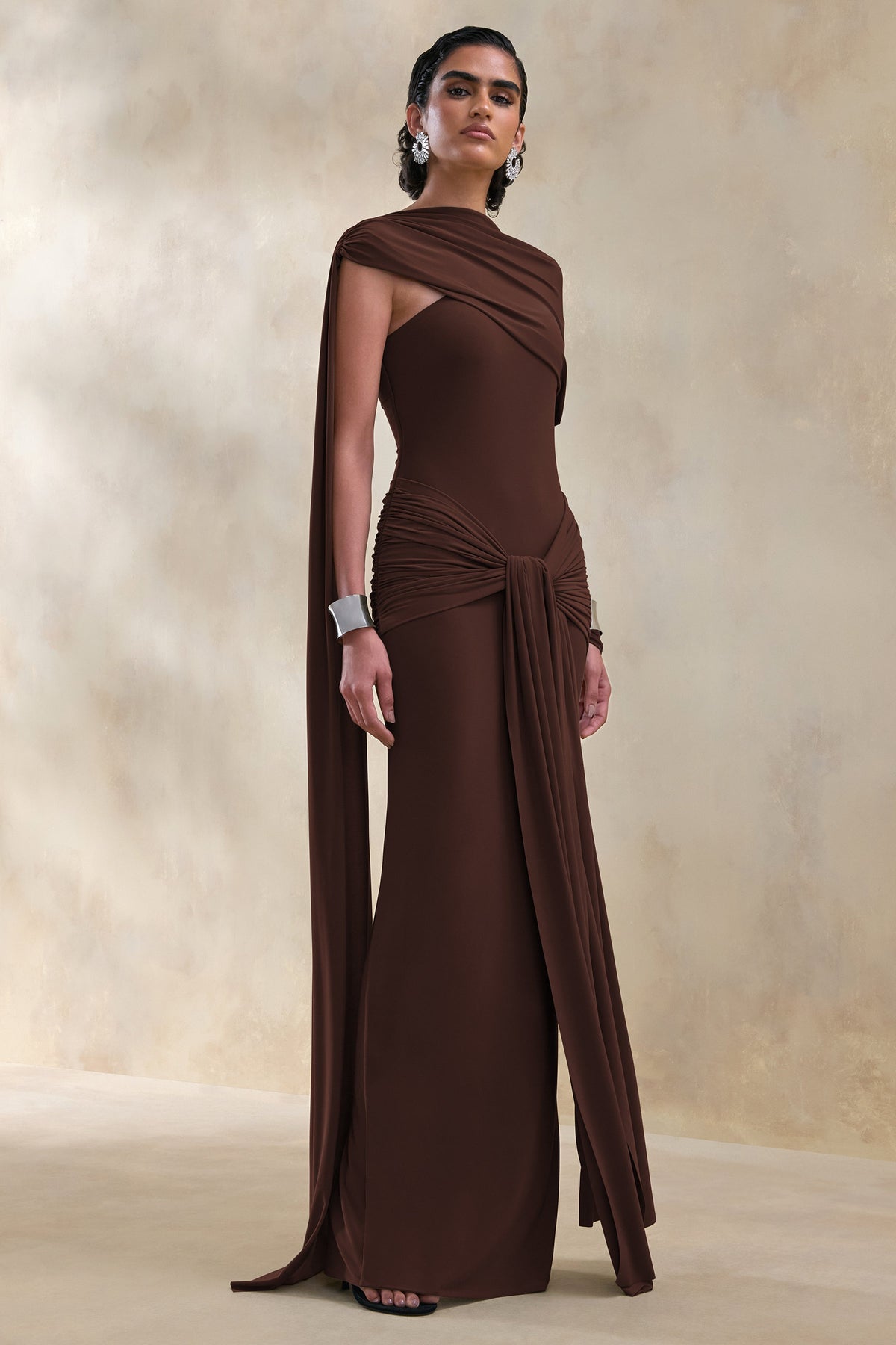 Trisara | Dark Brown Jersey One Sleeve Maxi Dress With Gathered Detailing and Sash