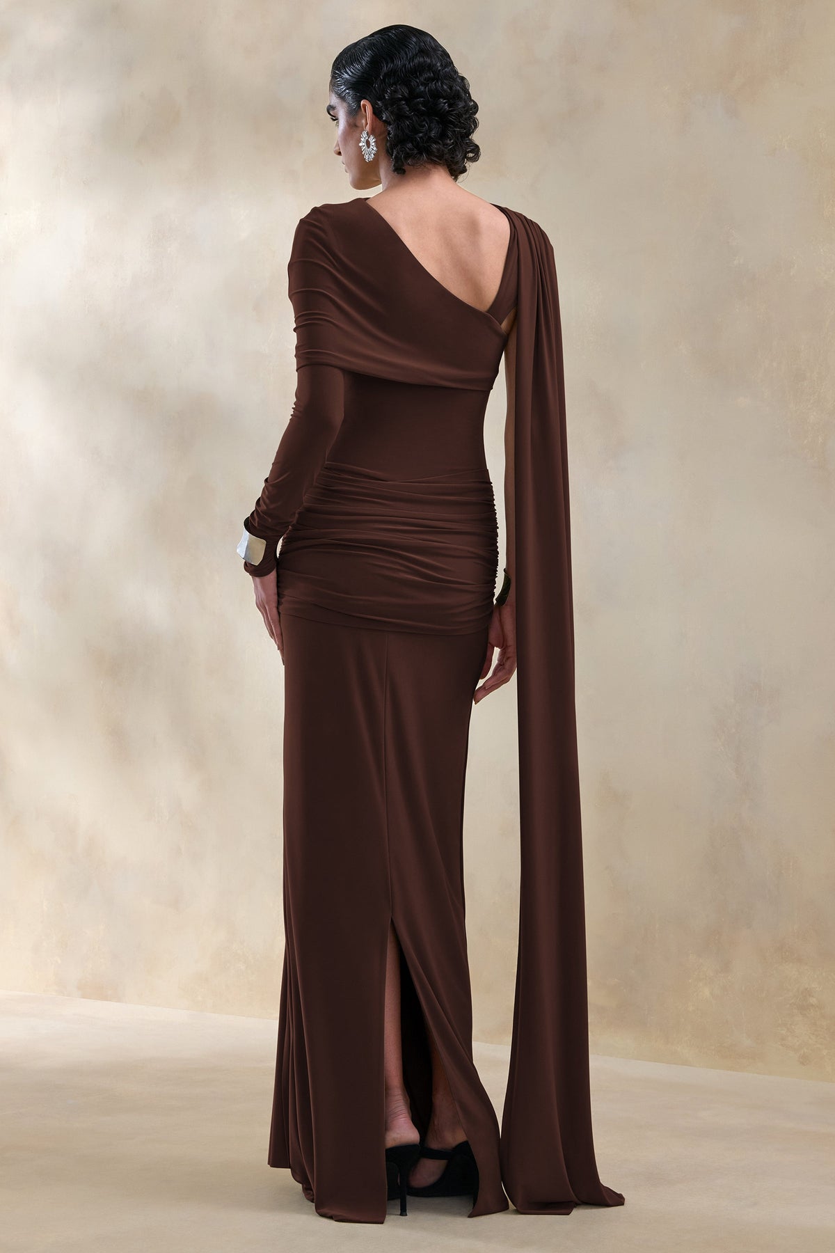 Trisara | Dark Brown Jersey One Sleeve Maxi Dress With Gathered Detailing and Sash