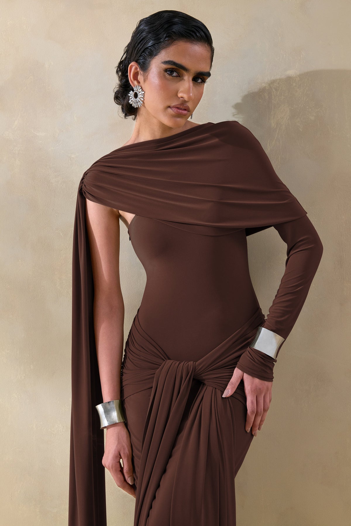 Trisara | Dark Brown Jersey One Sleeve Maxi Dress With Gathered Detailing and Sash