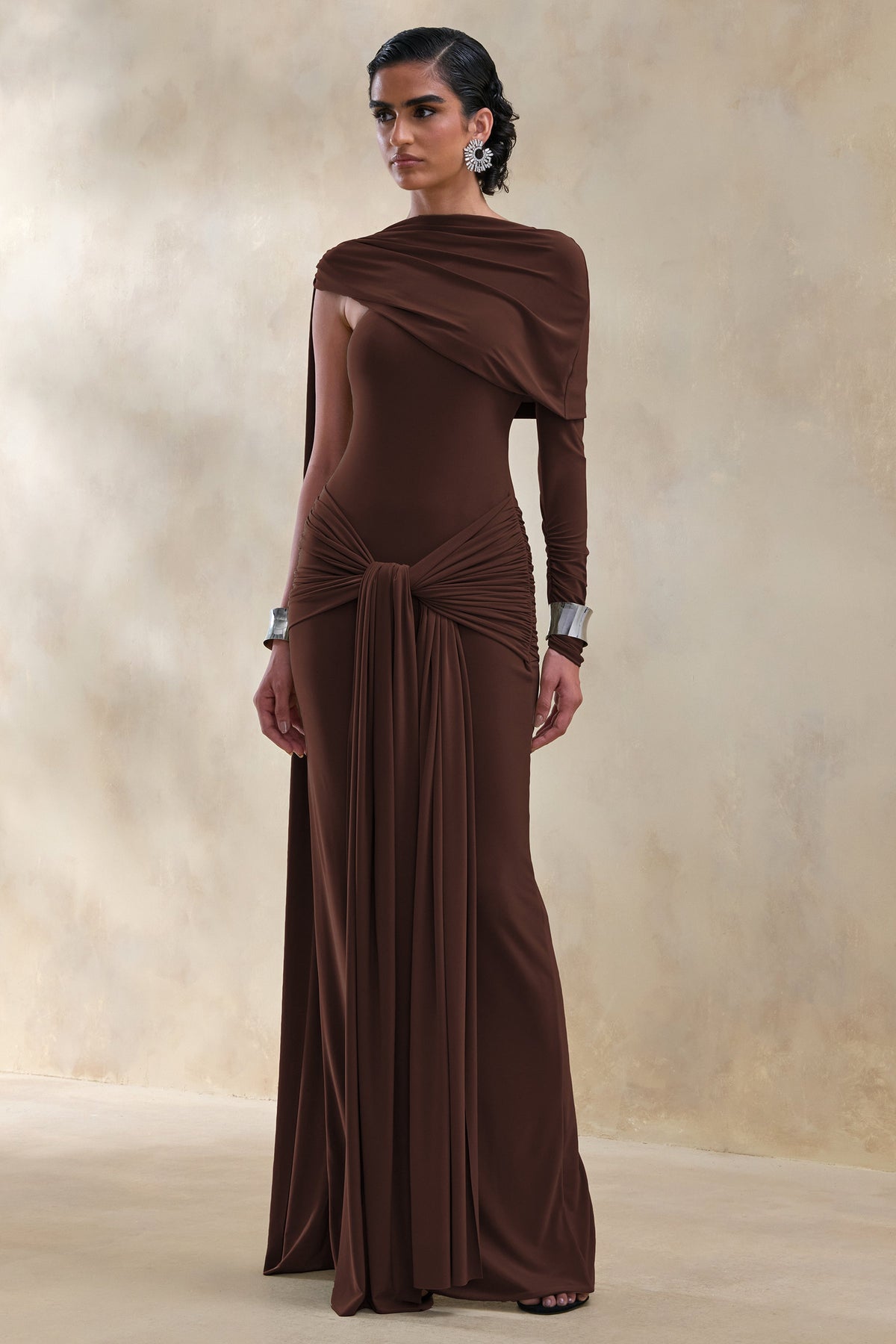 Trisara | Dark Brown Jersey One Sleeve Maxi Dress With Gathered Detailing and Sash