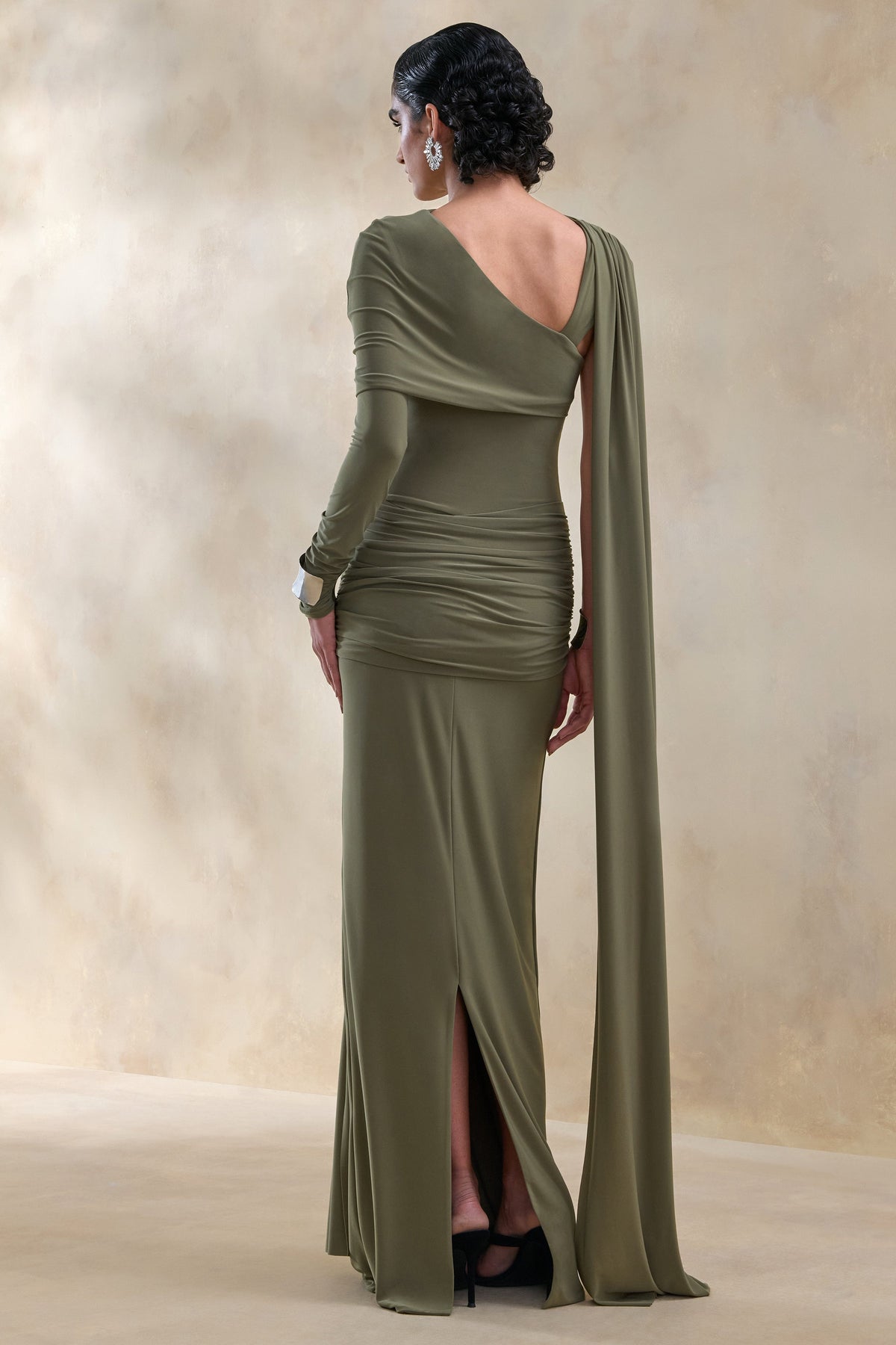 Trisara | Olive Jersey One Sleeve Maxi Dress With Gathered Detailing and Sash