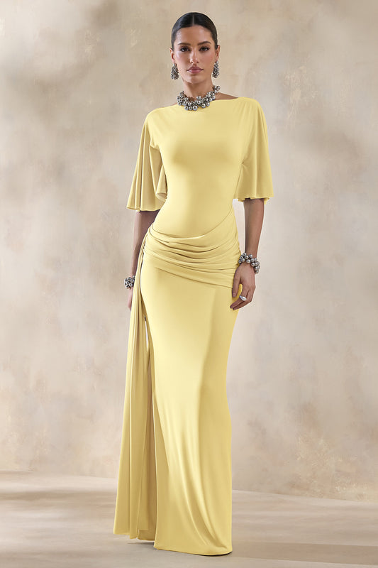 Emerelle | Lemon Jersey Ruched Boat Neck Short Sleeve Maxi Dress With Sash And Split