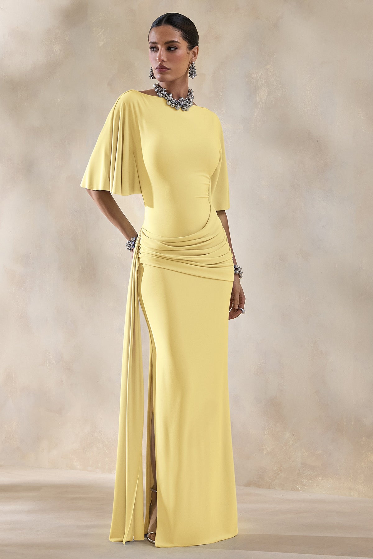 Emerelle | Lemon Jersey Ruched Boat Neck Short Sleeve Maxi Dress With Sash And Split